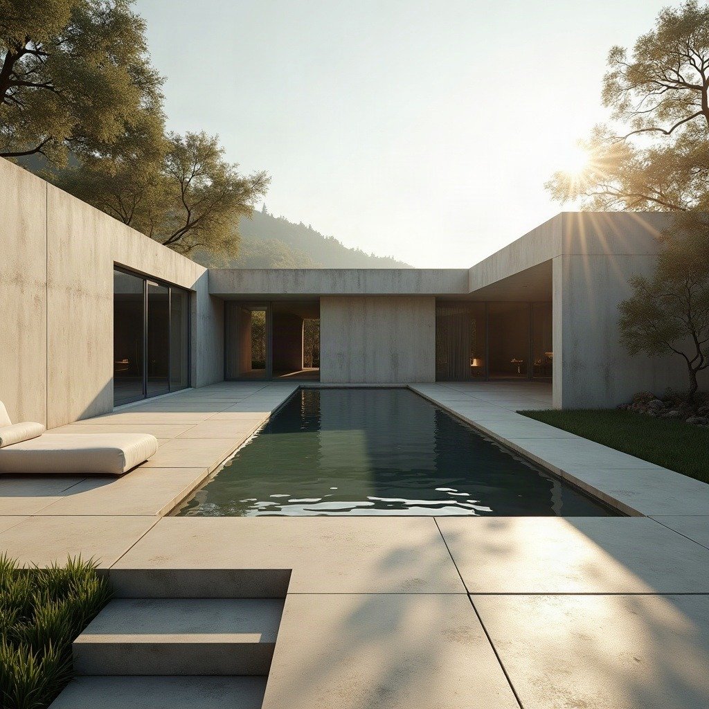 A concrete courtyard house with a still reflecting pool — minimalist residential architecture at its quietest.