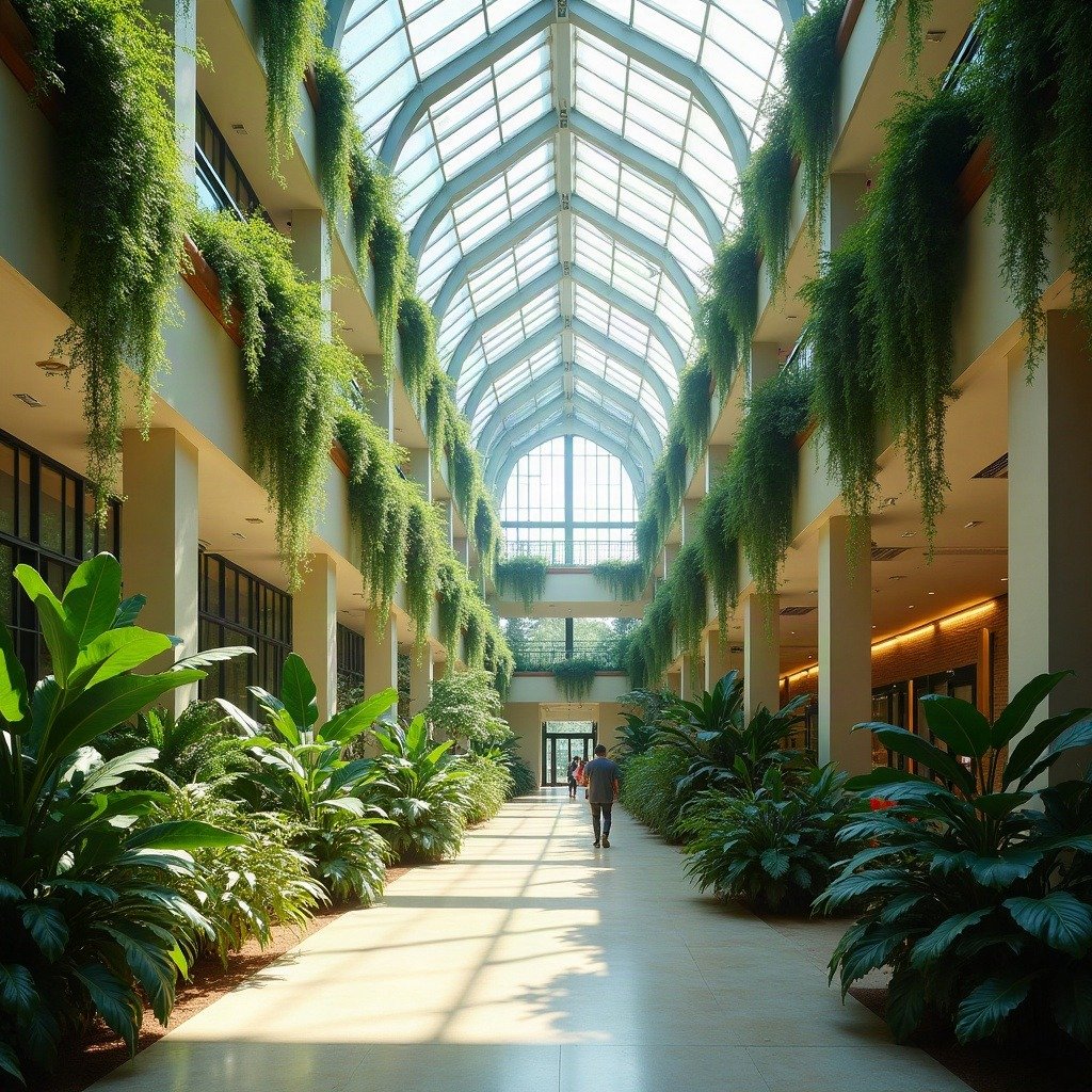 A plant-filled atrium beneath a glass skylight — biophilic design as the leading workplace-architecture trend.