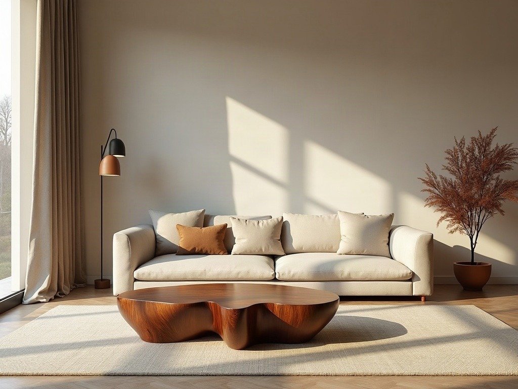 A walnut coffee table and linen sofa in soft afternoon light — warm minimalism as the dominant residential-interior trend.