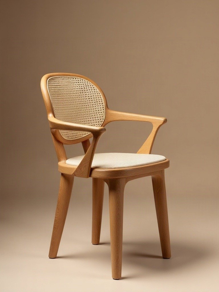 A woven cane-back oak chair in soft studio light — sculptural, material-forward furniture design.