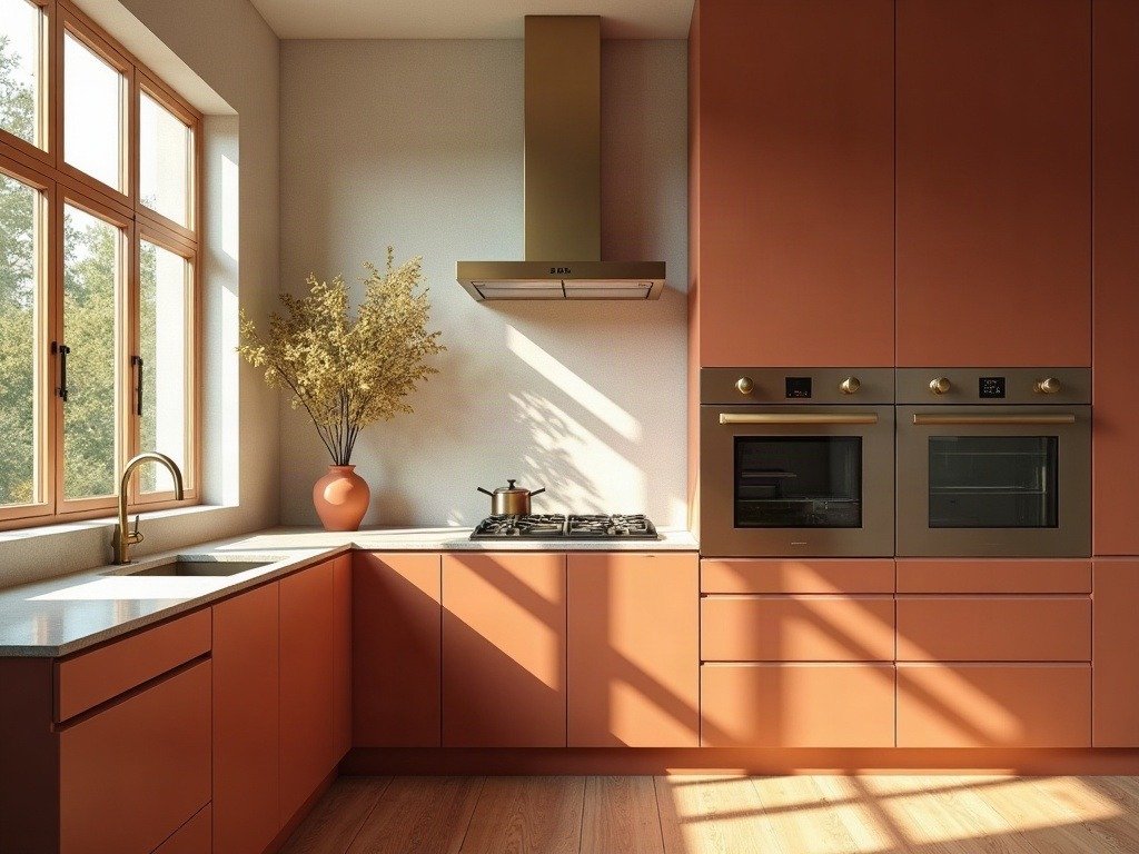 Matte terracotta cabinetry and brushed brass in morning light — warm, tactile kitchen design replacing cold minimalism.