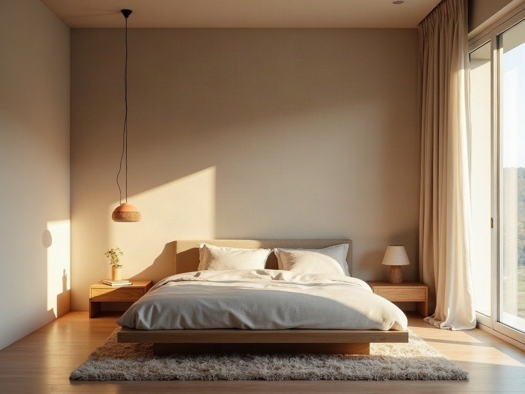 A low platform bed and bouclé textiles under warm evening light — soft minimalism in bedroom design.