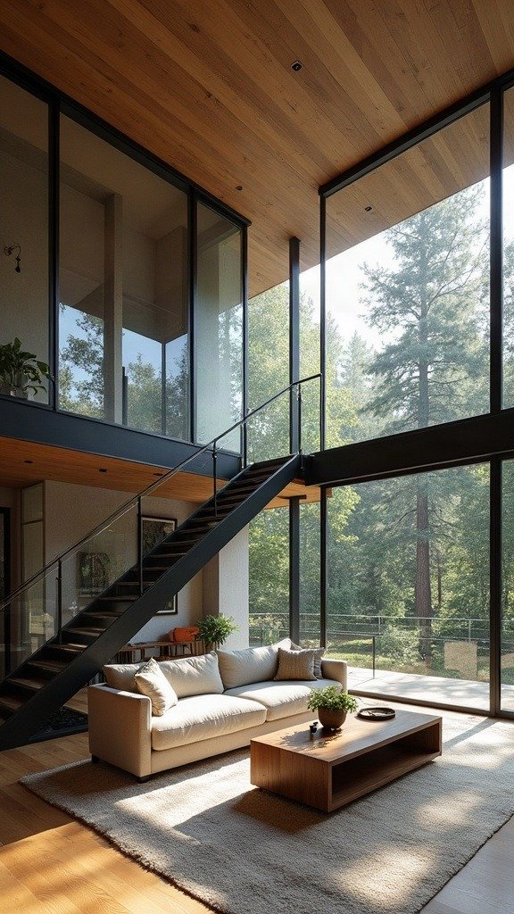 A floating steel staircase against a forest view — dramatic double-height interiors as an architectural showpiece.