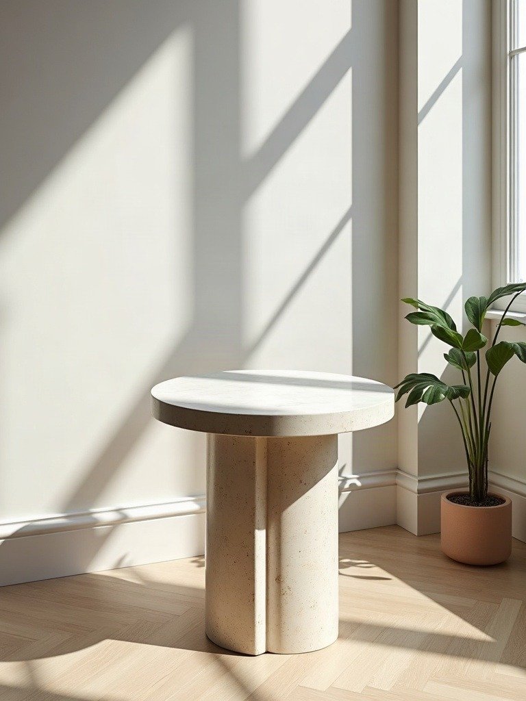 A sculptural travertine-base side table in a sunlit corner — natural stone furniture as an enduring premium material.