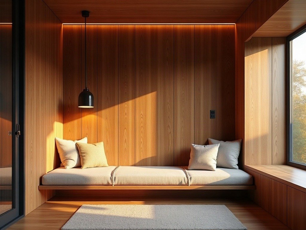 A built-in bench and warm wood paneling at golden hour — the cozy-nook trend in residential interiors.