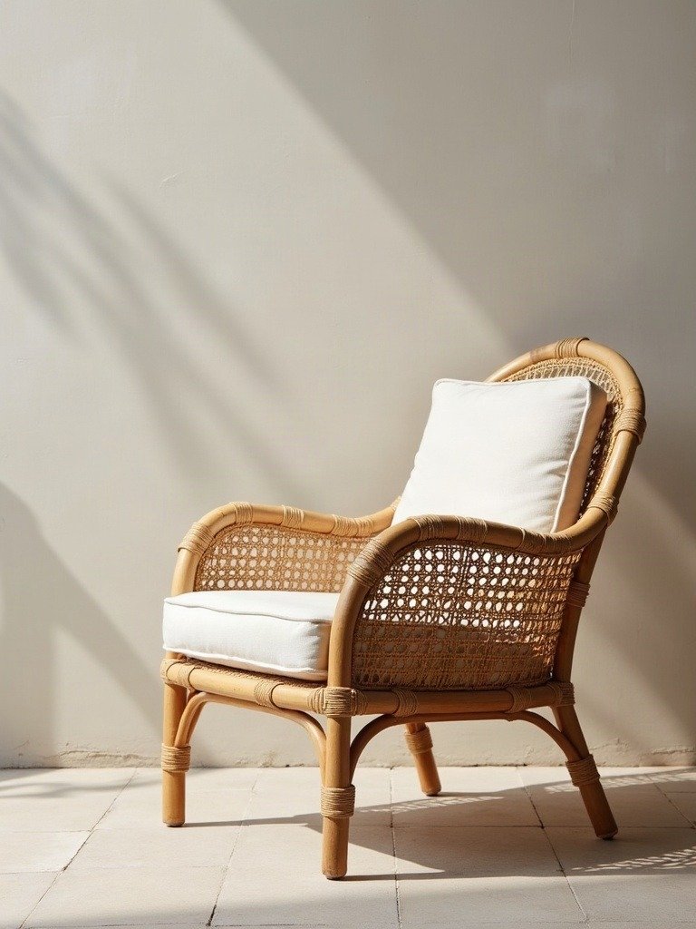 A rattan lounge chair against plastered wall texture — natural-fiber furniture leading the sustainable-materials trend.