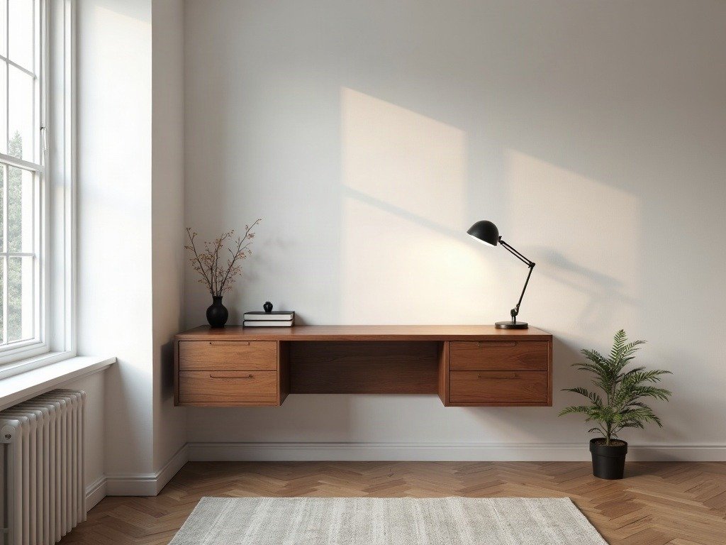 A floating walnut desk under north-facing light — the calm, clutter-free home-office trend.