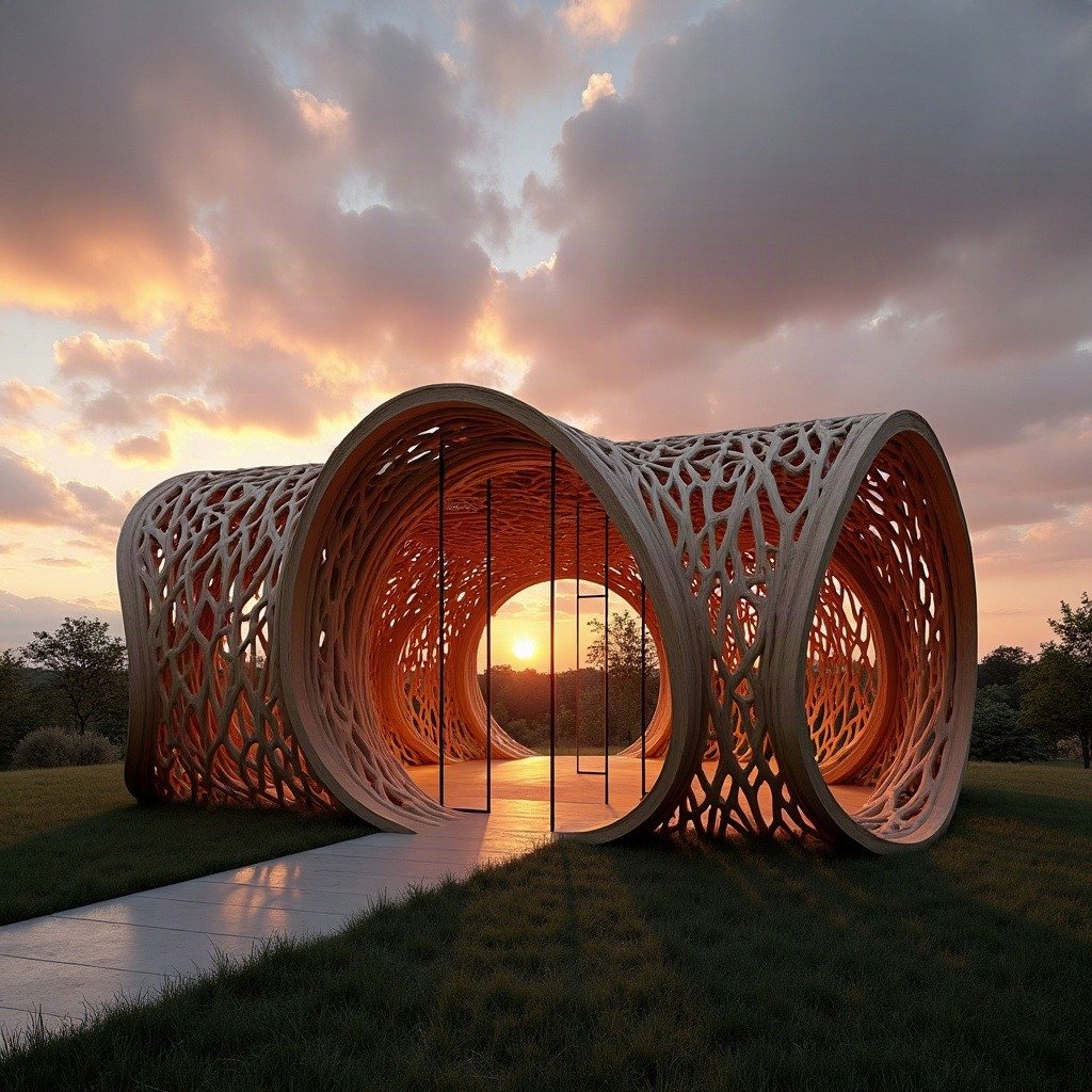 An organic timber lattice pavilion at golden hour — parametric design pushing sustainable materials into new forms.