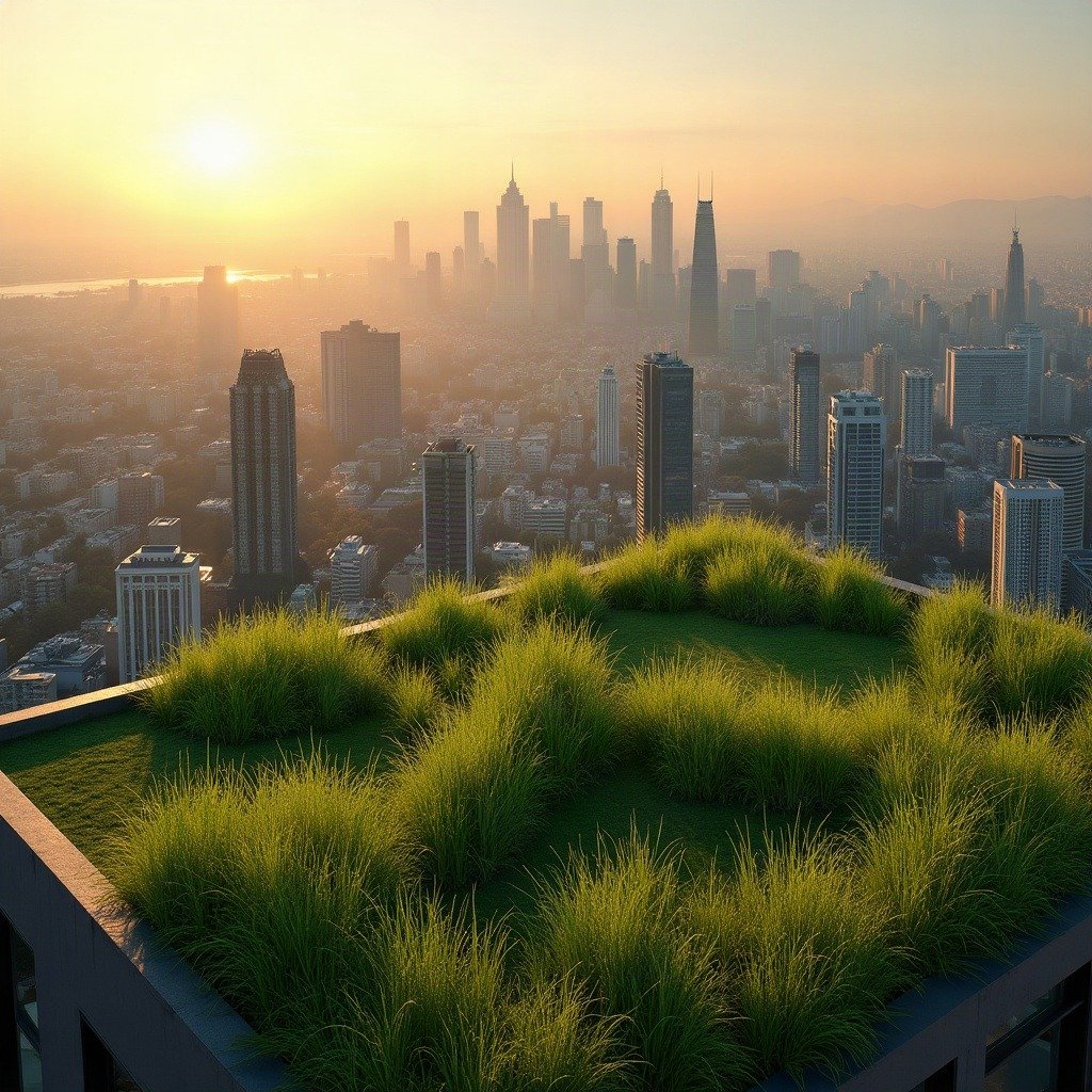 A wild-grass rooftop above a city skyline at golden hour — green roofs as essential urban infrastructure now.