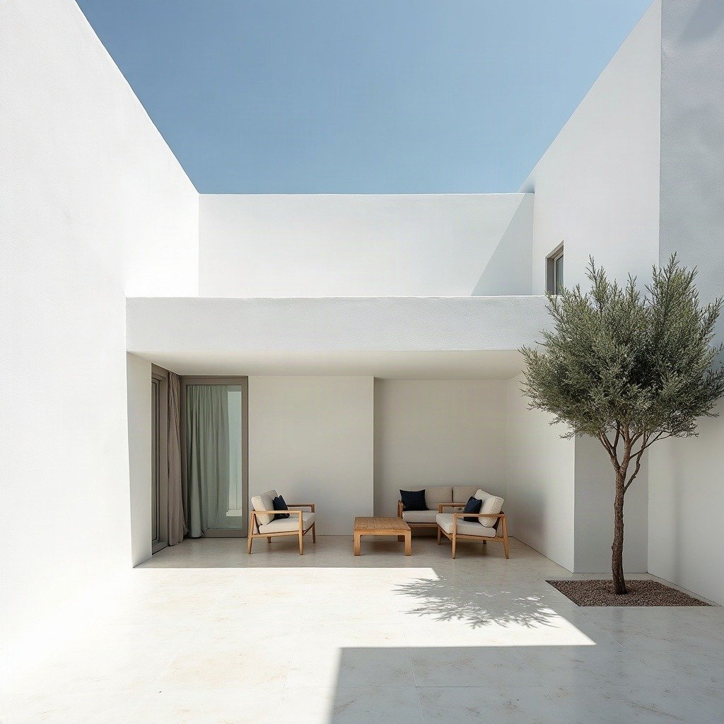 A shadow-cast white courtyard home under harsh midday light — Mediterranean minimalism at its most sculptural.
