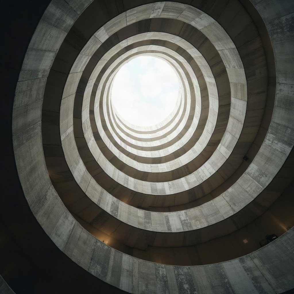 A daylit spiral stairwell shot from below — sculptural circulation as an architectural centerpiece.
