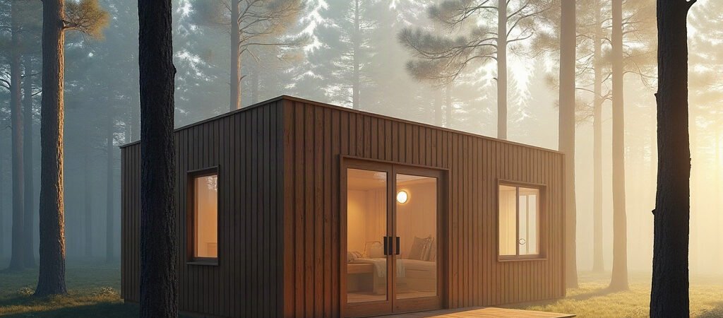 Prefab Cabin in Misty Pine Forest