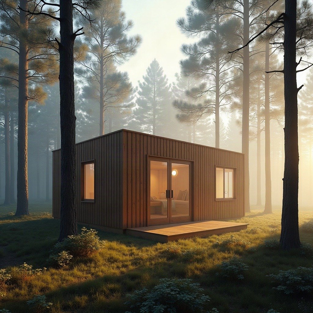 A cedar-clad prefab cabin in morning mist — modular prefabrication meeting remote, low-impact siting.