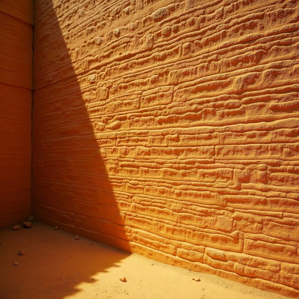A striated ochre rammed-earth wall in raking light — earthen construction returning as a premium sustainable material.