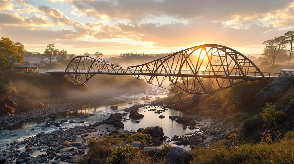 A sculptural steel bridge over a misty valley — infrastructure treated as architecture in its own right.