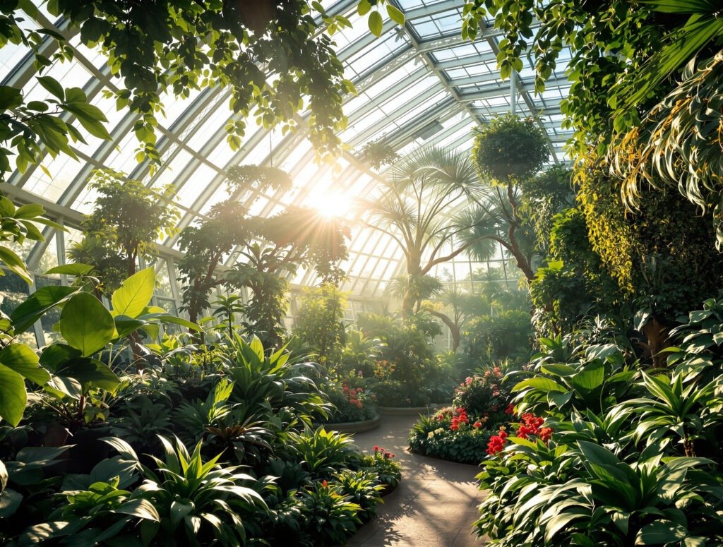 A lush glass conservatory in late-afternoon light — botanical architecture bridging building and garden.