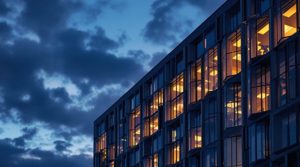A geometric window grid glowing at dusk — night-time facade lighting as its own architectural photography genre.