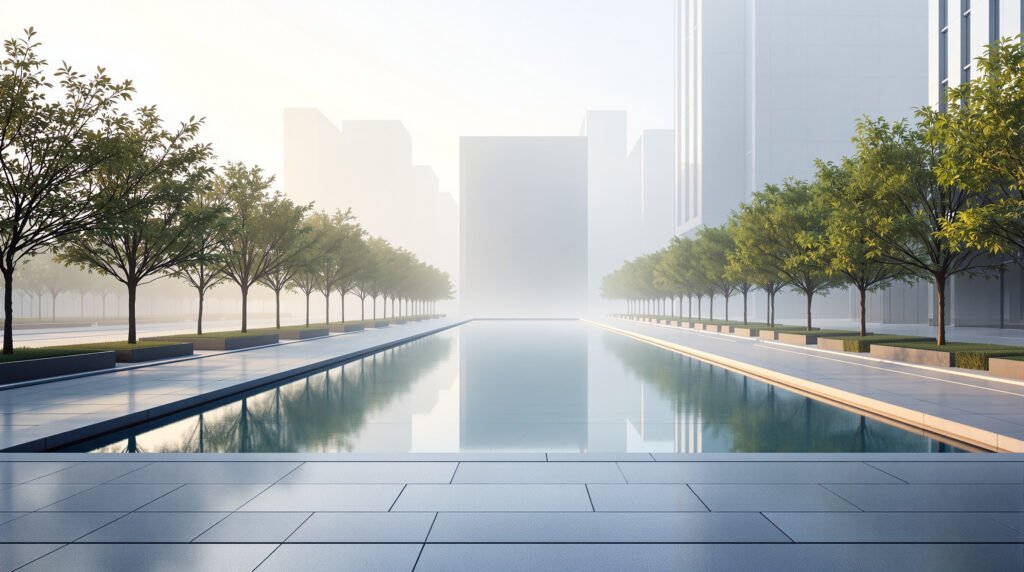 An early-morning civic plaza with a reflecting pool — public urban space as a distinct architectural scale.