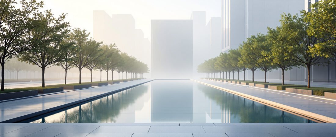 Misty Urban Plaza with Reflecting Pool
