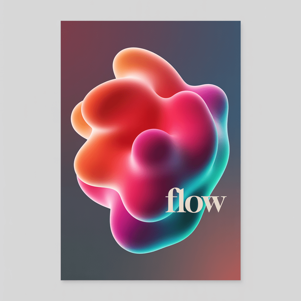 Soft flowing gradient-mesh blobs in coral and turquoise — the glossy color trend replacing flat gradients.