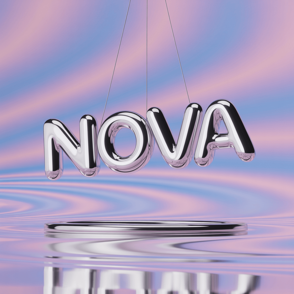 A glossy chrome bubble-lettering logo on pastel — the Y2K aesthetic back in full force for 2026 branding.