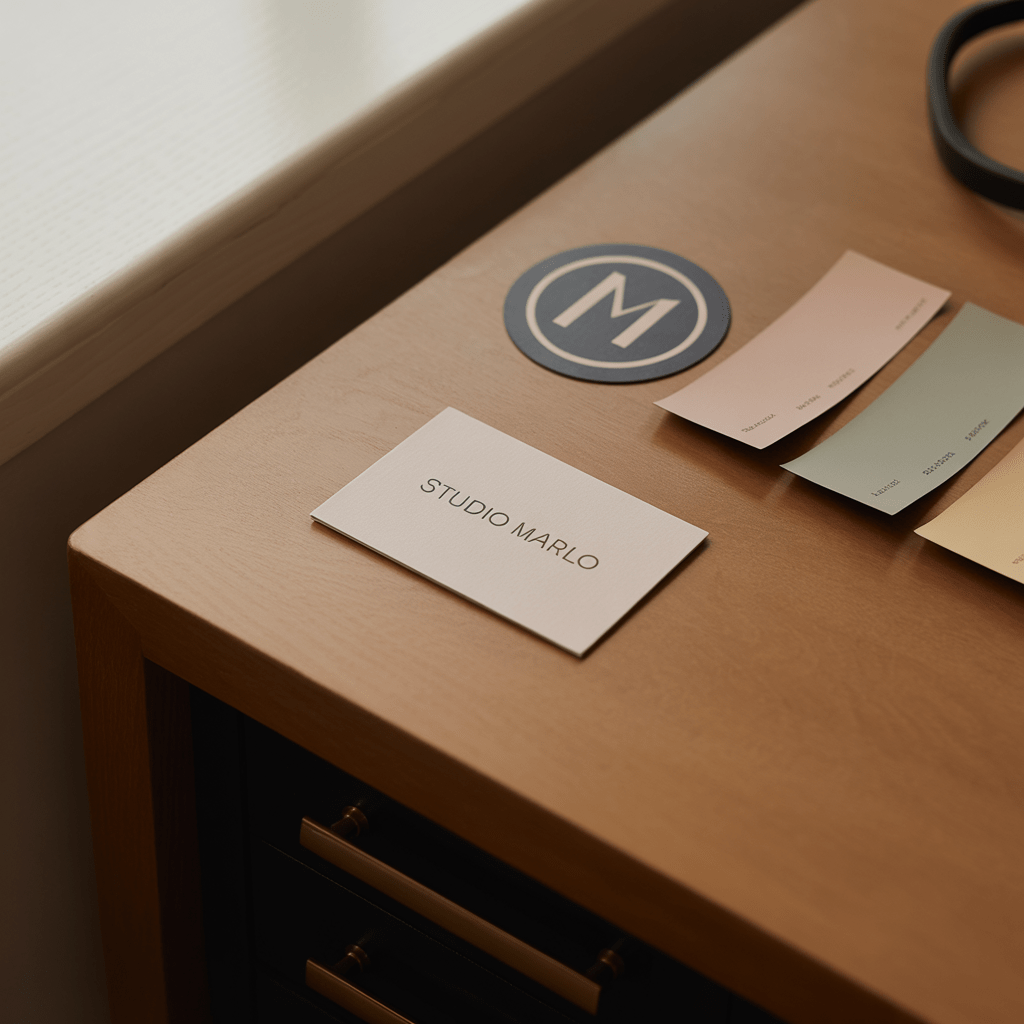 A business card, logo mark, and color swatches styled together — how identity systems get presented in 2026 portfolios.