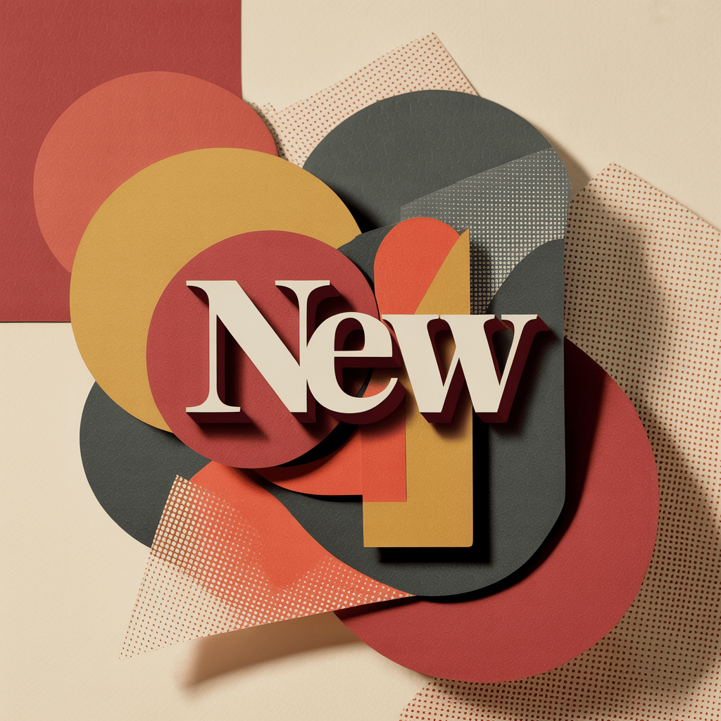 Cut-paper shapes and halftone dots layered together — the collage-maximalist look gaining ground in editorial design.
