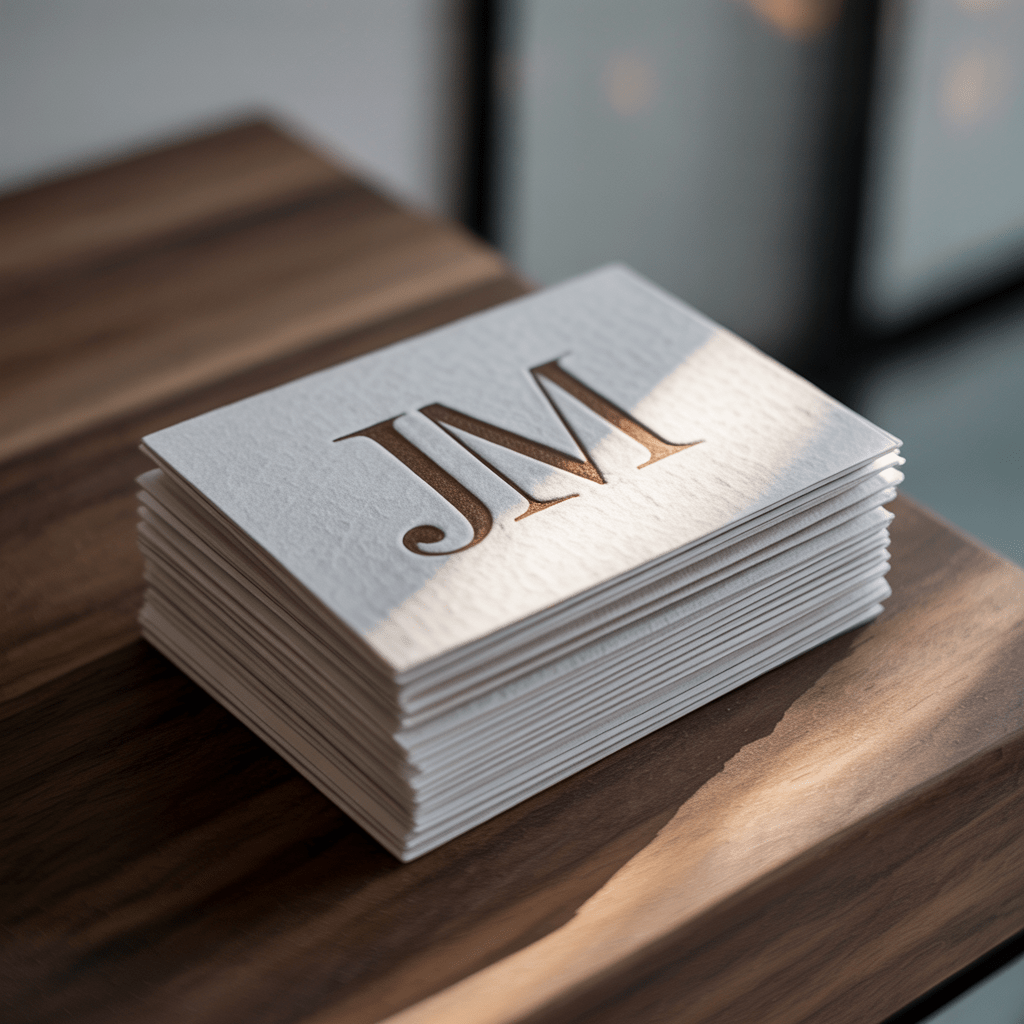A stack of embossed business cards — the tactile print-finish trend high-end identity work keeps returning to.