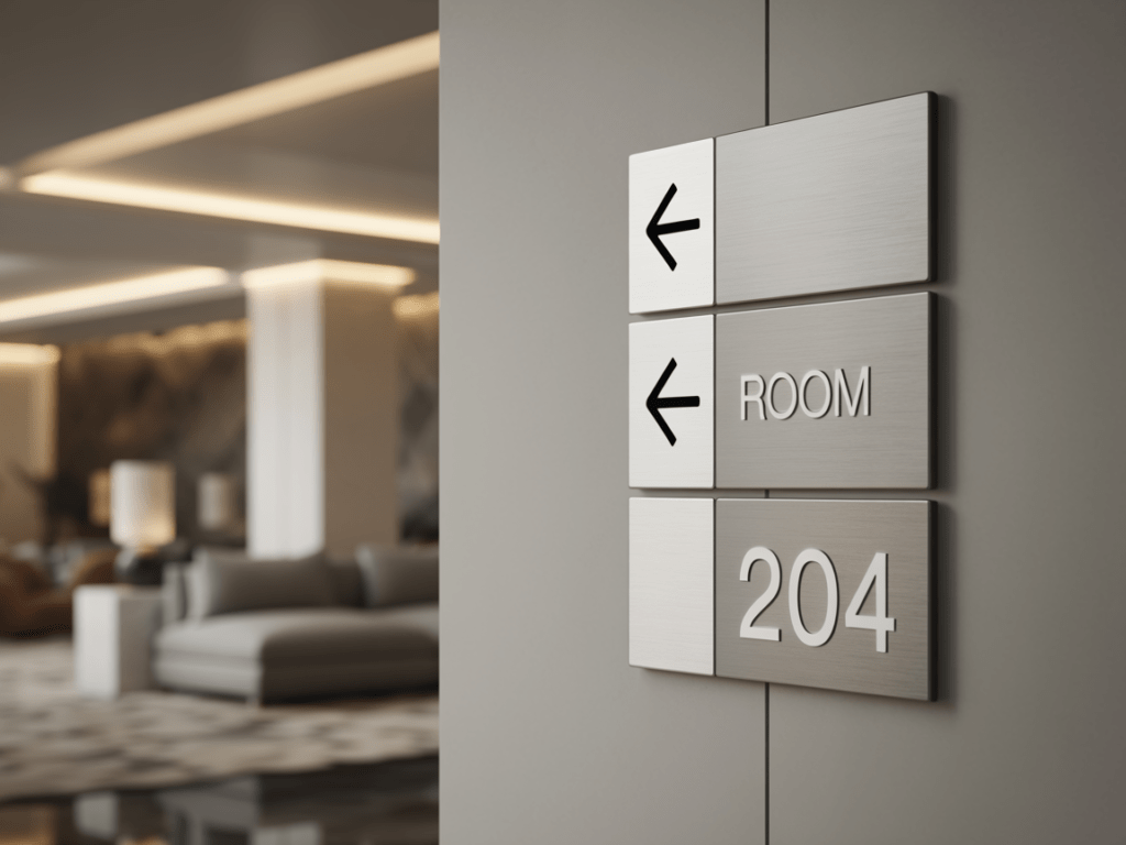Brushed-steel directional signage — environmental graphic design as an underrated graphic-design specialty.