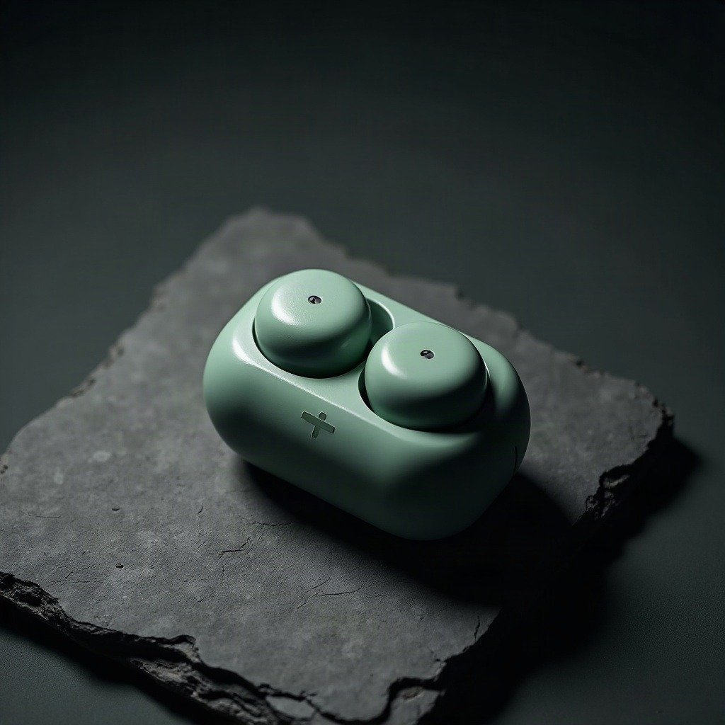 A sage-green recycled-plastic earbud case under dramatic studio light — sustainable materials as the industrial-design story of the year.