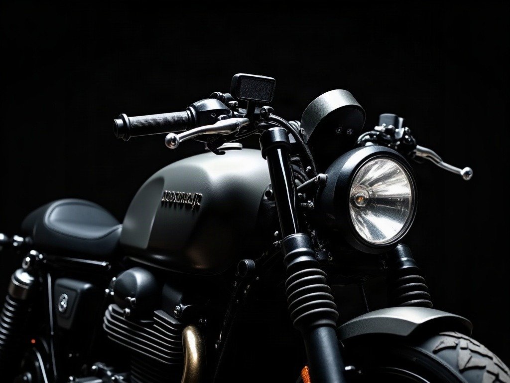 A brushed-titanium fuel tank and headlight in dramatic close-up — the CMF detail shot every motorcycle brand deck needs.