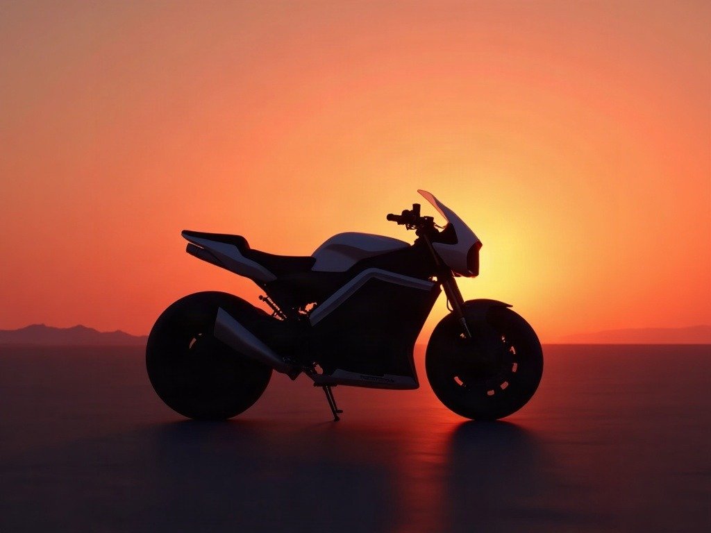 A minimalist electric motorcycle rim-lit at sunset — EV two-wheelers as a fast-growing product-design category.