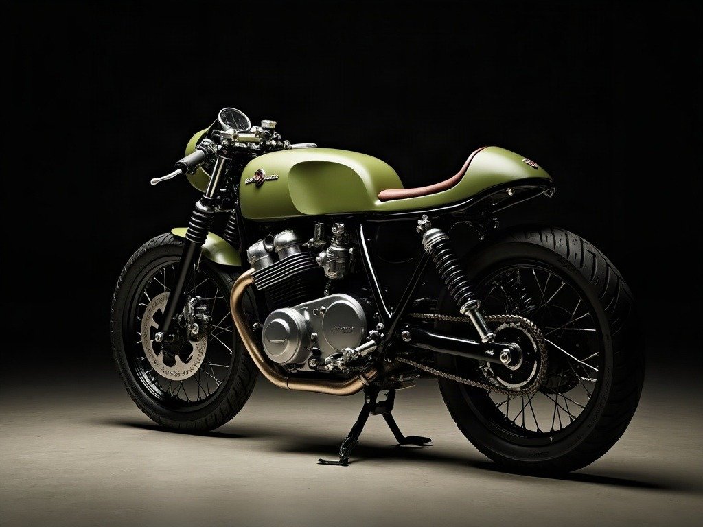 An olive-green café racer in moody low-key light — retro-modern motorcycle design still dominating enthusiast circles.