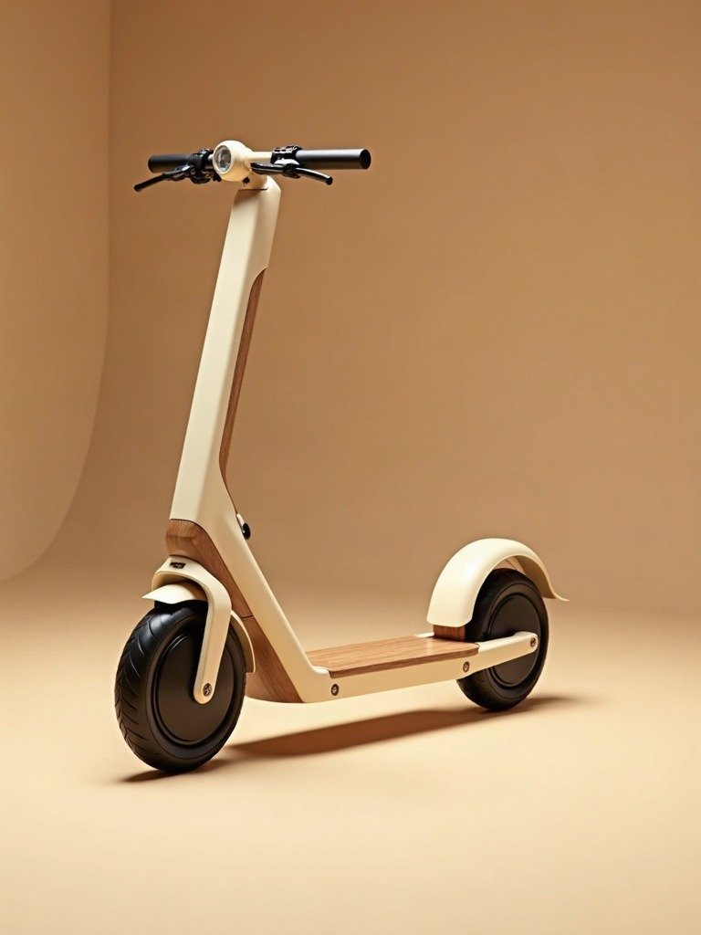 A cream-and-walnut electric scooter under warm studio light — micromobility design going soft and residential.