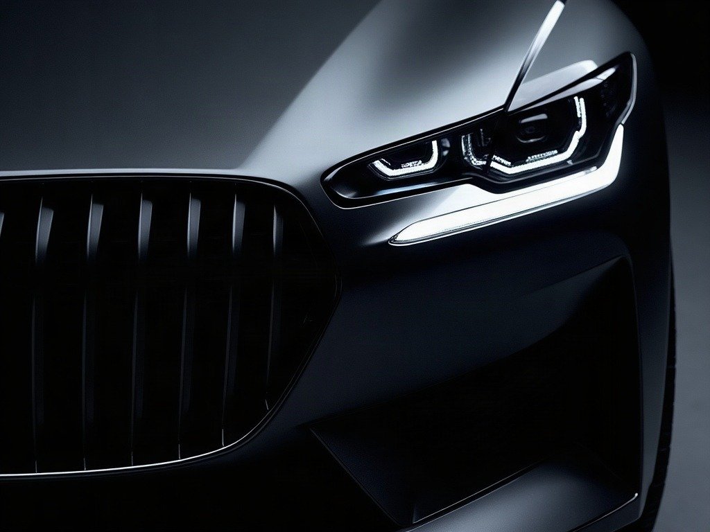 Chrome and matte-black grille detail under hard studio light — the dramatic hero shot of automotive concept reveals.