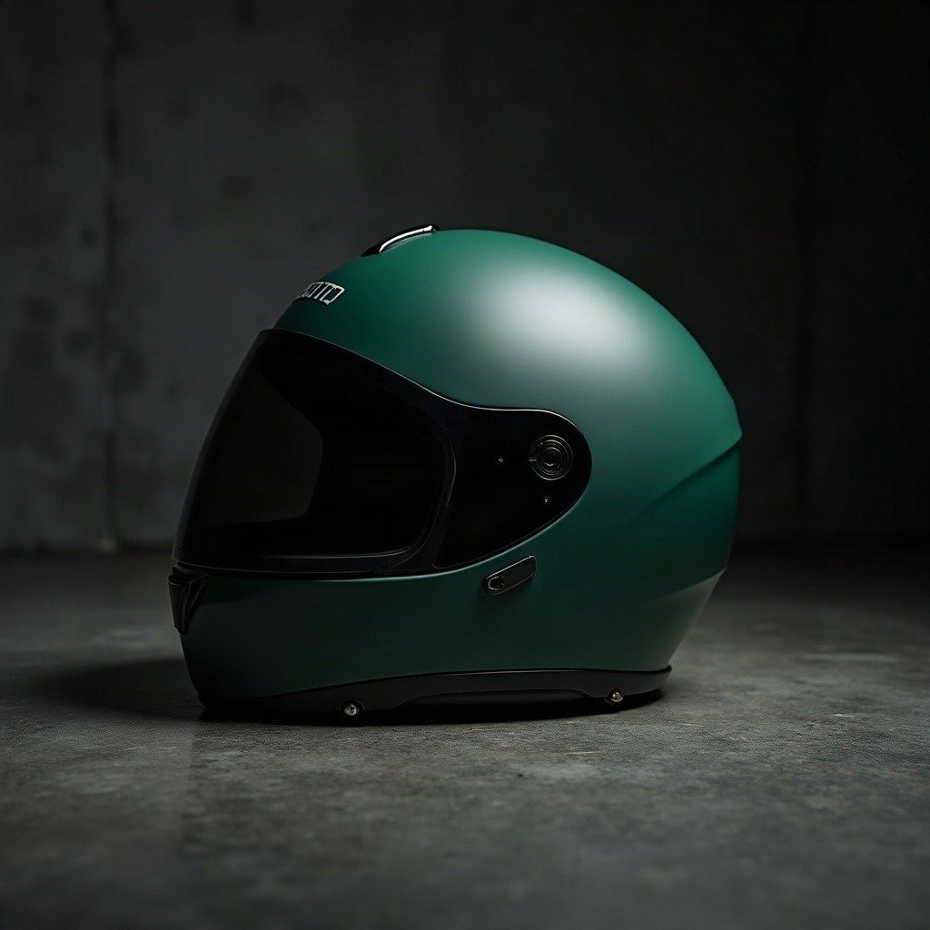 A forest-green helmet with a smoked visor on dark concrete — protective gear treated as a genuine CMF product category.
