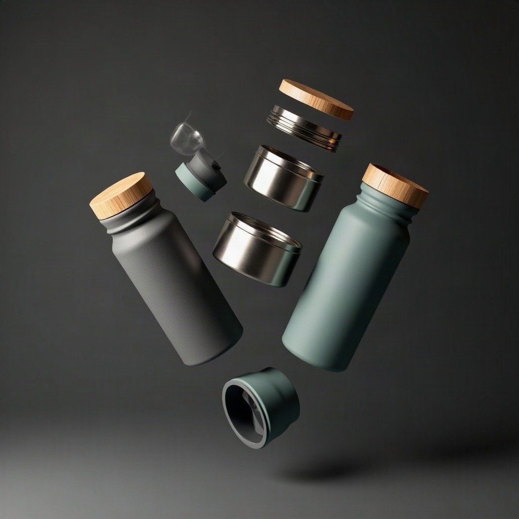 A bamboo, steel, and silicone water bottle broken into its parts — sustainable-materials storytelling through exploded views.