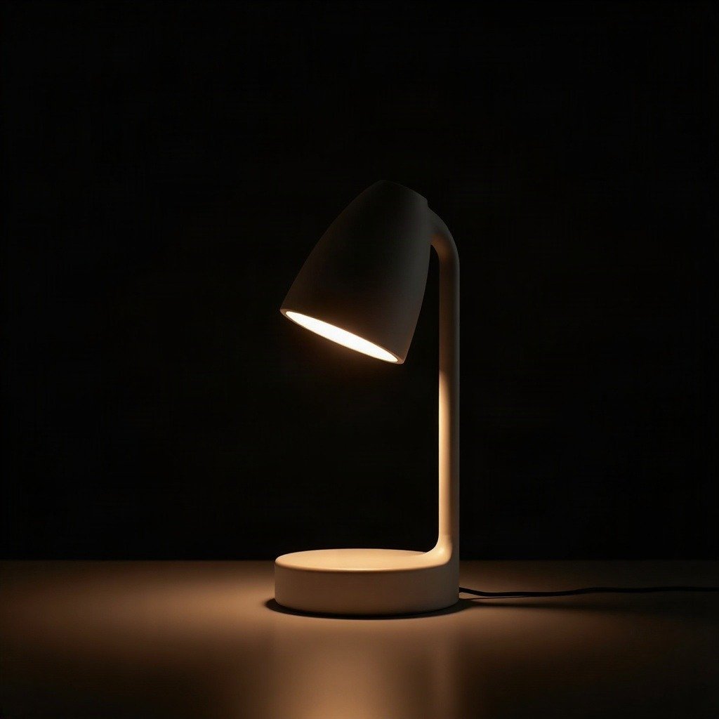 A warm-glowing matte-ceramic lamp in a dark studio — ceramic finishes bringing warmth back to tech objects.