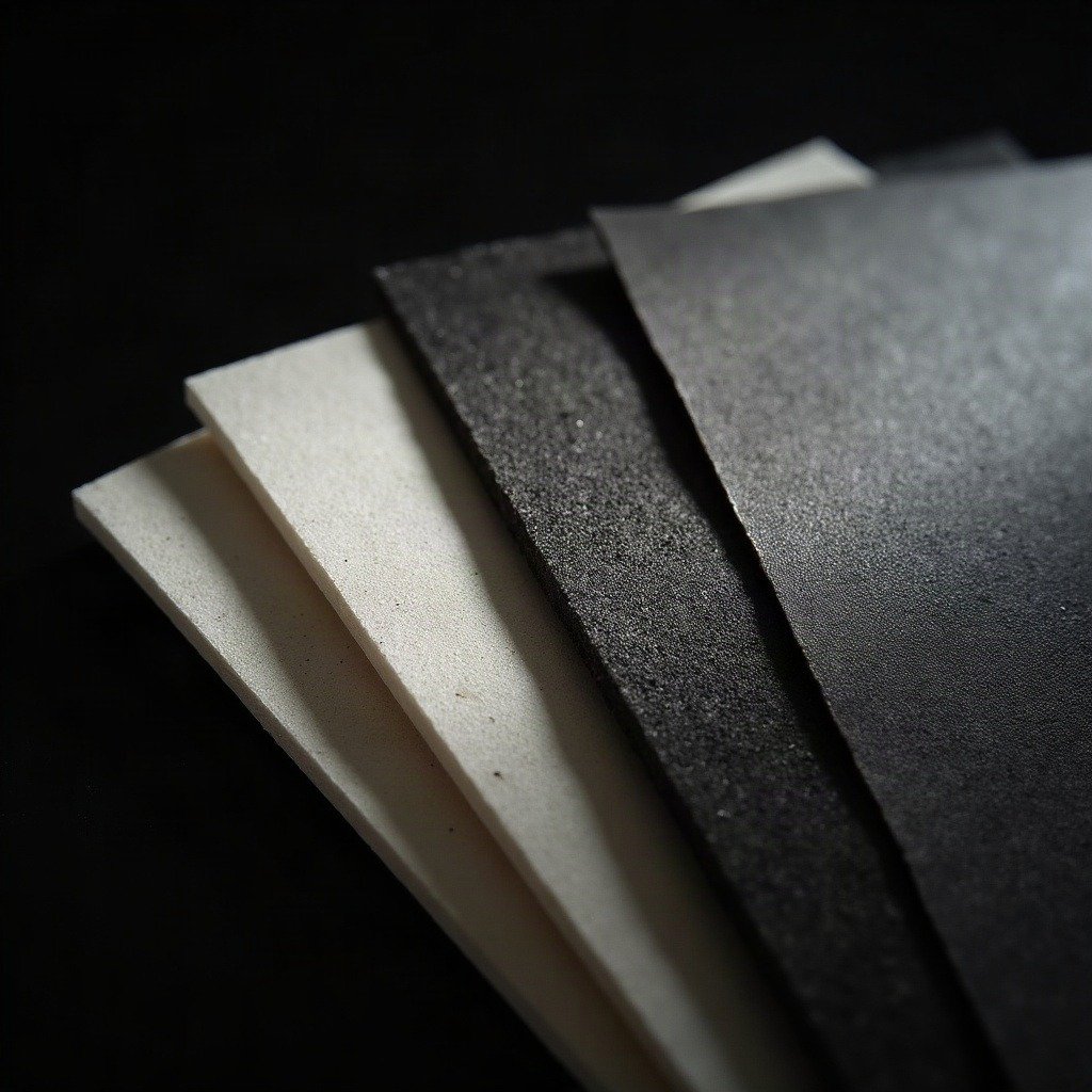 A material study of titanium, ceramic, and felt swatches — the close-up CMF-comparison shot every product deck needs.