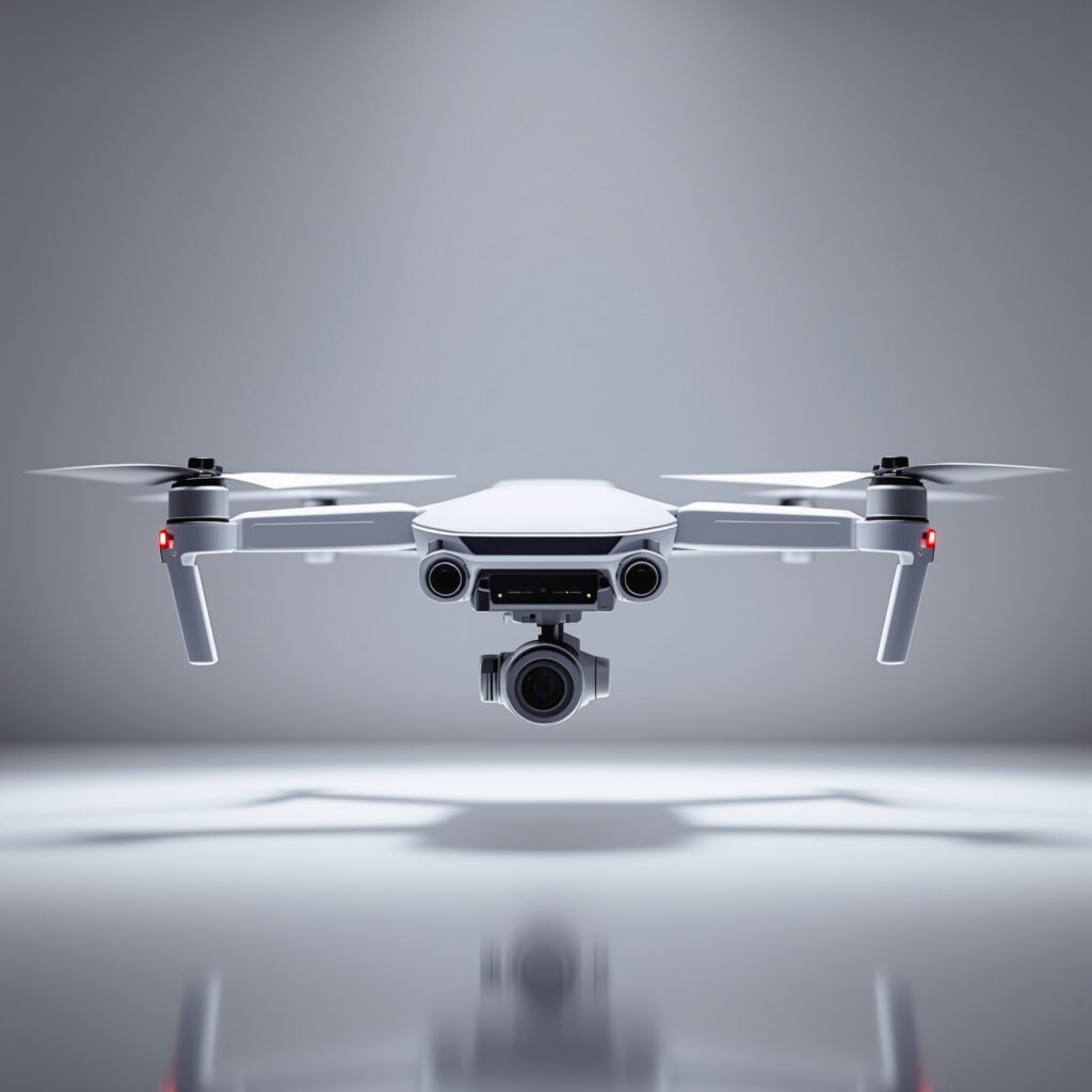 A hovering white consumer drone under soft studio light — personal drones as a maturing industrial-design category.