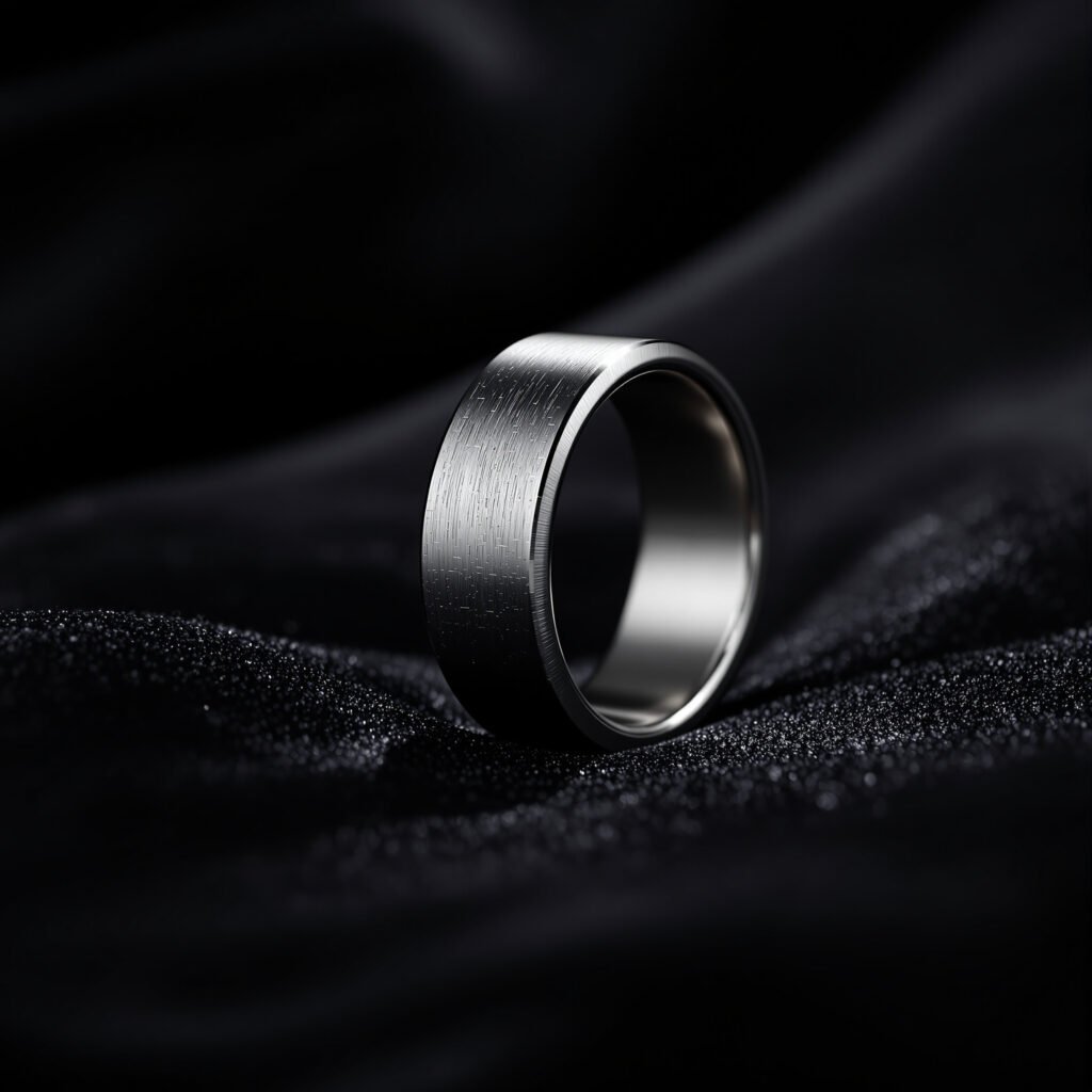 A brushed-titanium smart ring under dramatic spotlight — wearable tech shrinking into jewelry-grade CMF.
