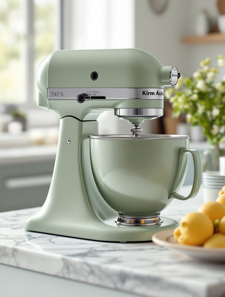A matte sage-green stand mixer on marble — kitchen appliances adopting the soft-color, matte-finish trend.