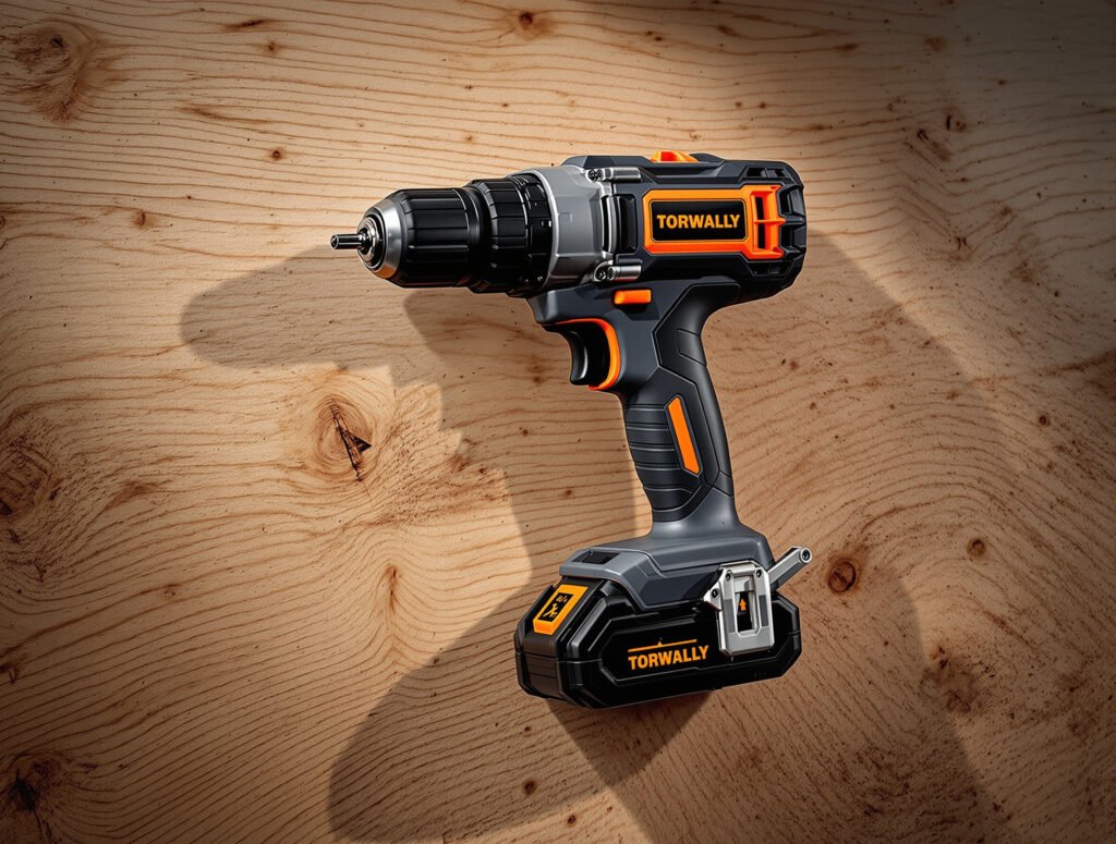 A charcoal-and-orange power drill on raw plywood — tool design balancing ruggedness with real CMF intention.