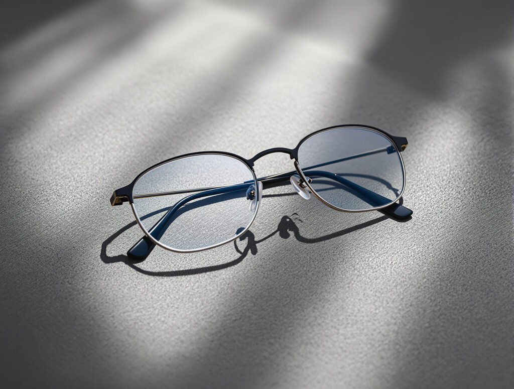 Minimalist titanium eyewear under raking light — eyewear as a precision-CMF product category of its own.