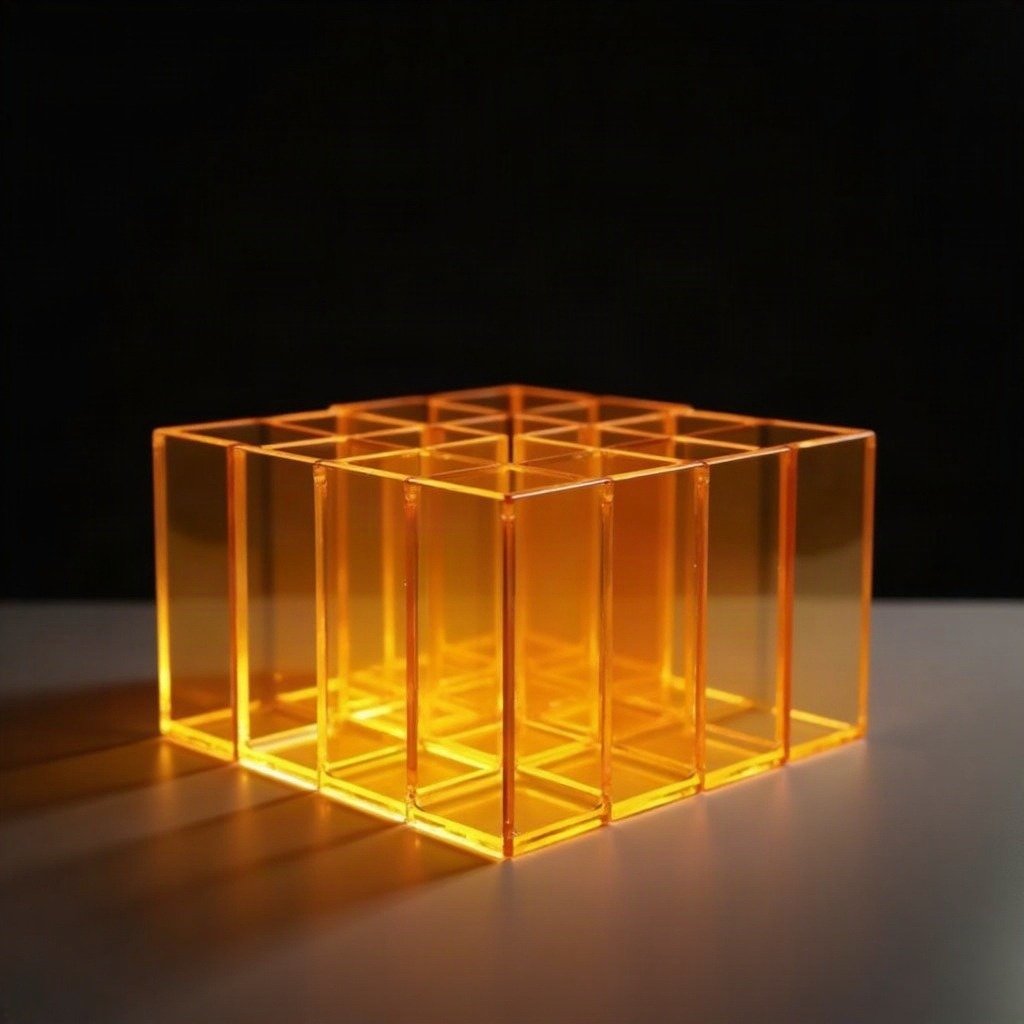 Backlit amber acrylic blocks forming a modular organizer — translucent materials as a rising CMF trend.