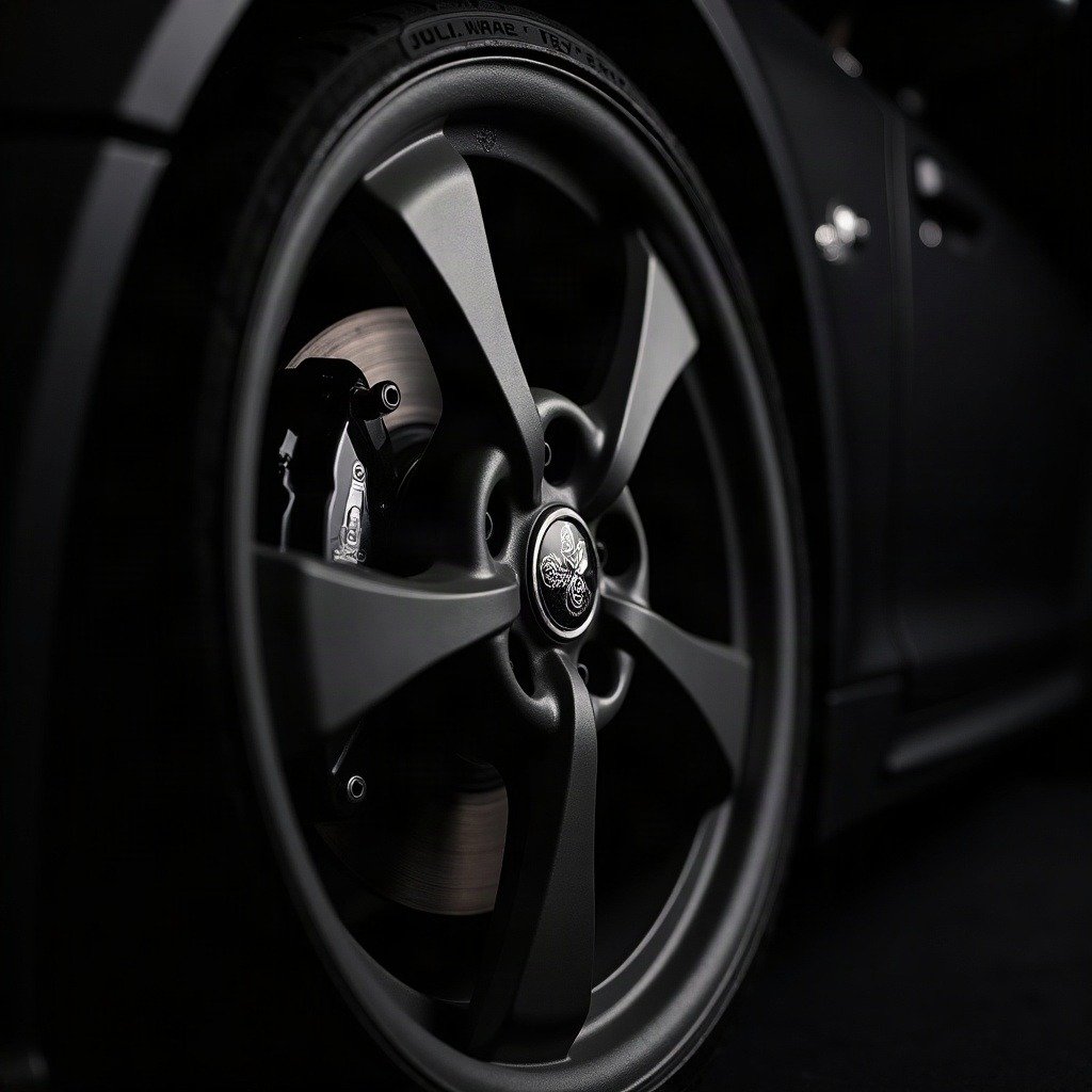 A gunmetal alloy wheel and caliper in macro detail — the close-up automotive shot that sells precision engineering.