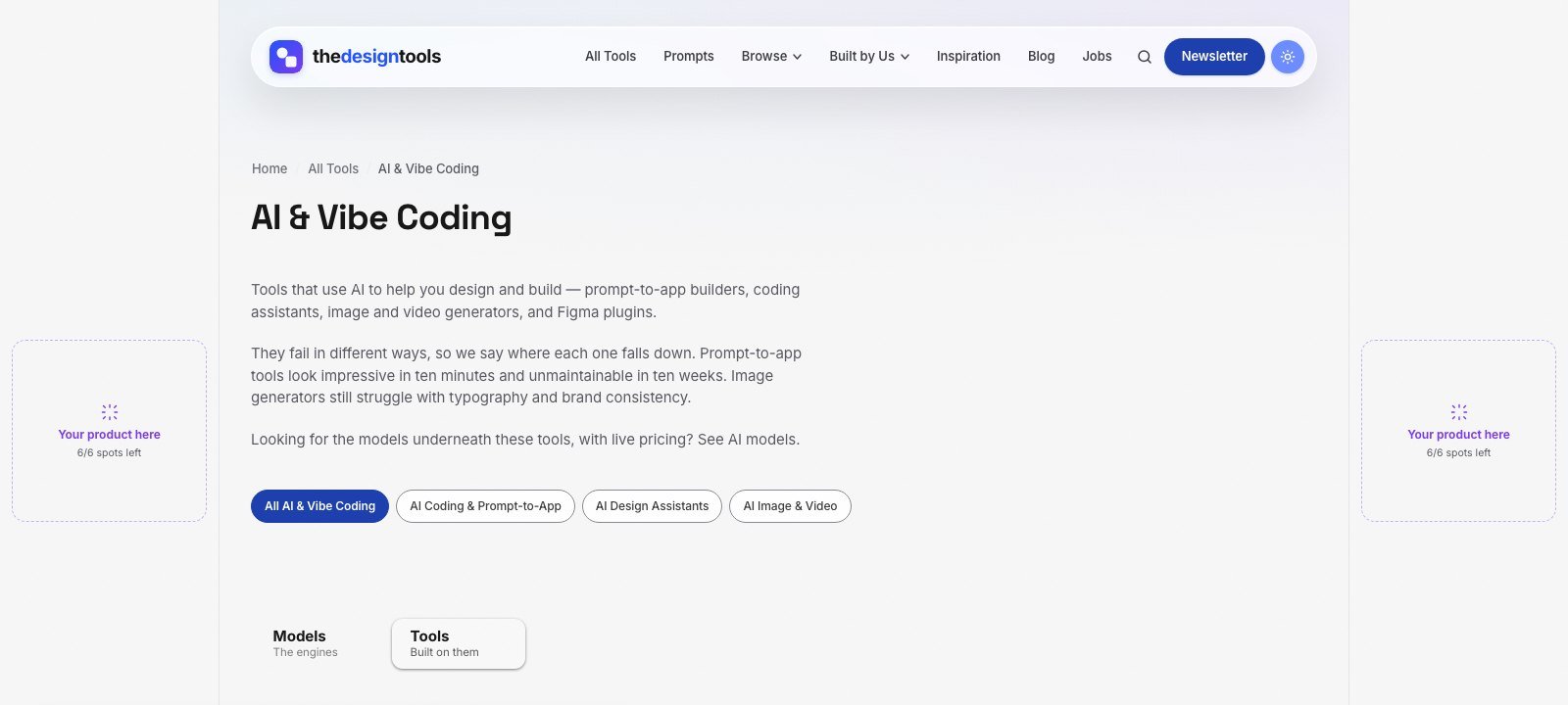 The AI & Vibe Coding discipline page on The Design Tools with sponsor slots in the side rails