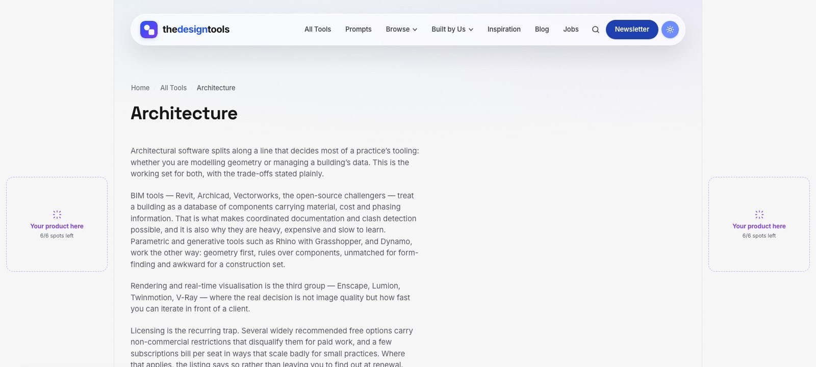 The Architecture discipline page on The Design Tools with sponsor slots in the side rails