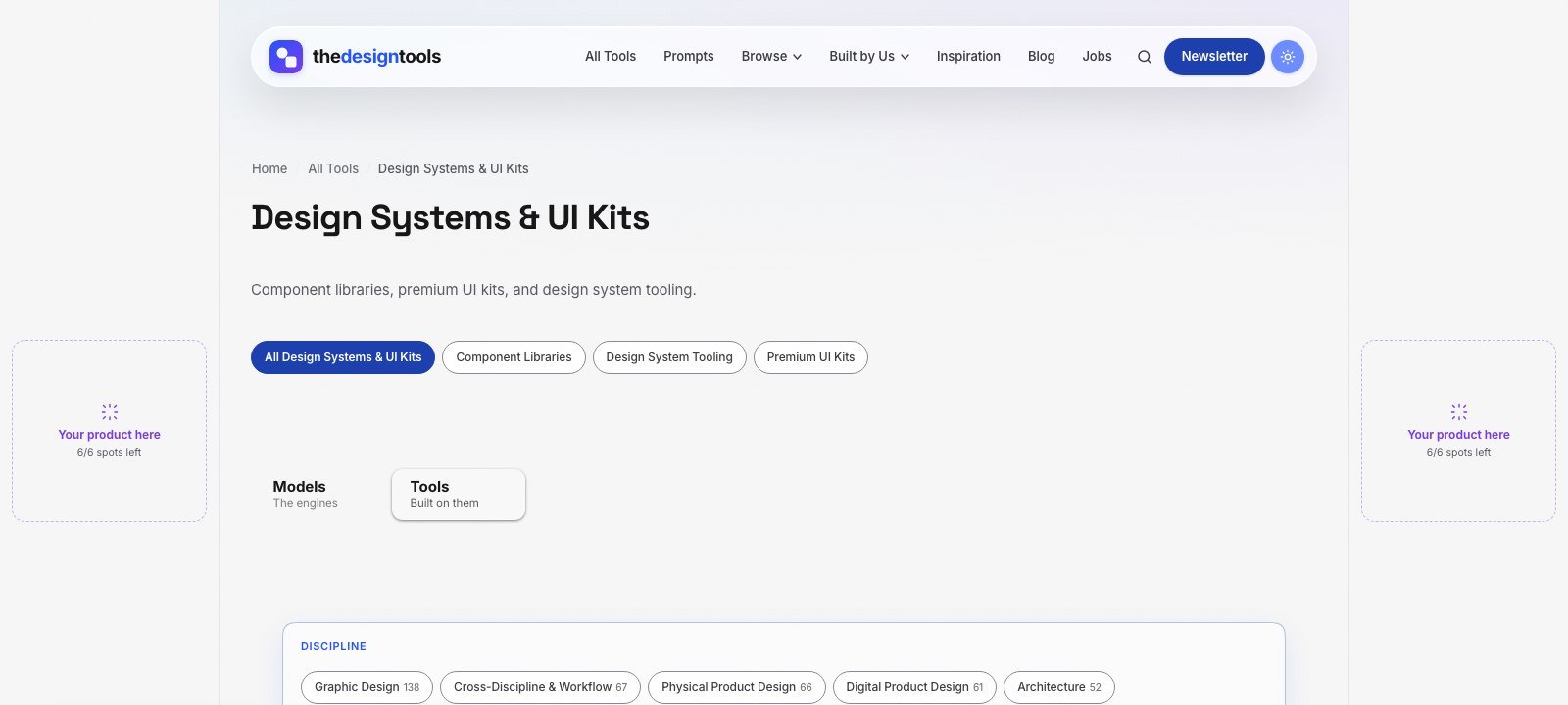 The Design Systems &amp; UI Kits discipline page on The Design Tools with sponsor slots in the side rails