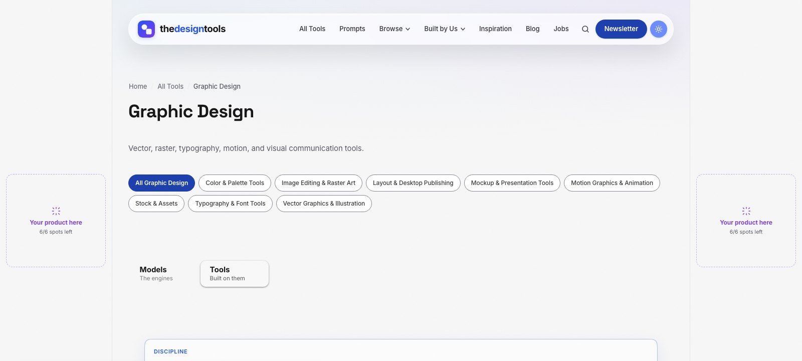 The Graphic Design discipline page on The Design Tools with sponsor slots in the side rails